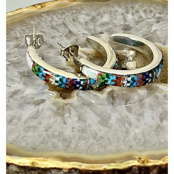 Native American ZUNI Sterling Silver Multi Gem Micro Inlay Hoop Earrings Signed - Picture 1 of 15